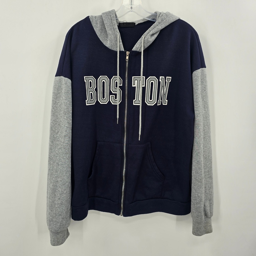 SHEIN Boston Graphic Zip Up Hoodie Navy Blue Grey Colorblock Mens XL (no tag)